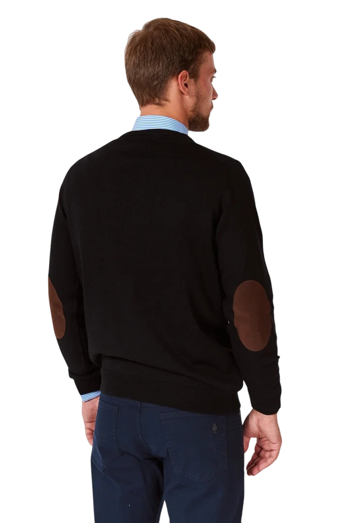 Sweater liso escote redondo con codera de gamuza lana liviana