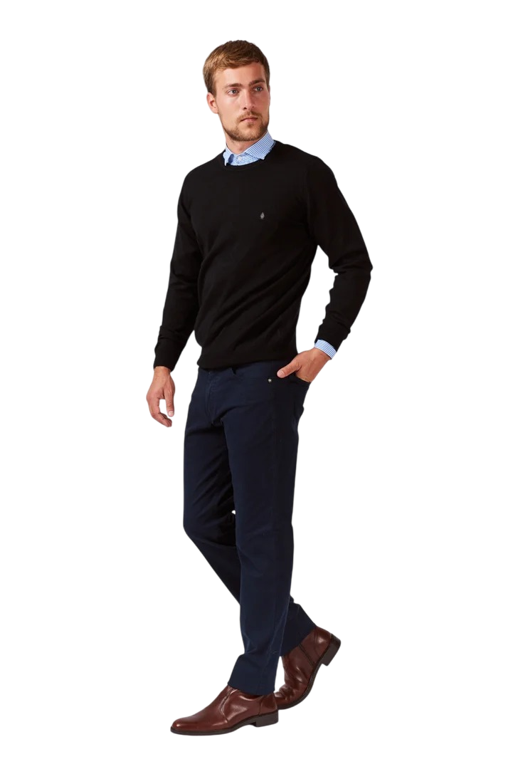 Sweater liso escote redondo con codera de gamuza lana liviana