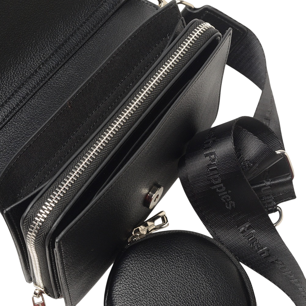 Bandolera Hush Puppies Bada Negra Con Tapa y Monedero Desmontable